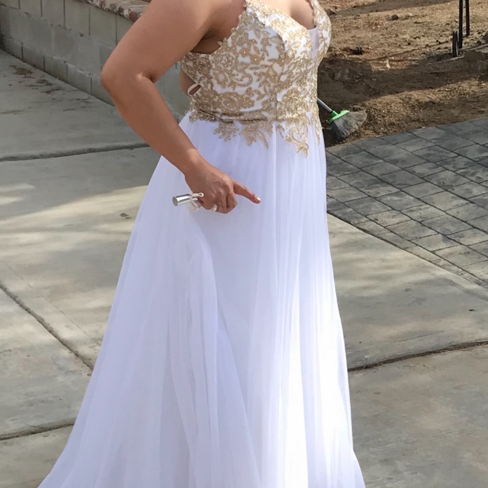 White and Gold Embellished Spaghetti Strap Gown